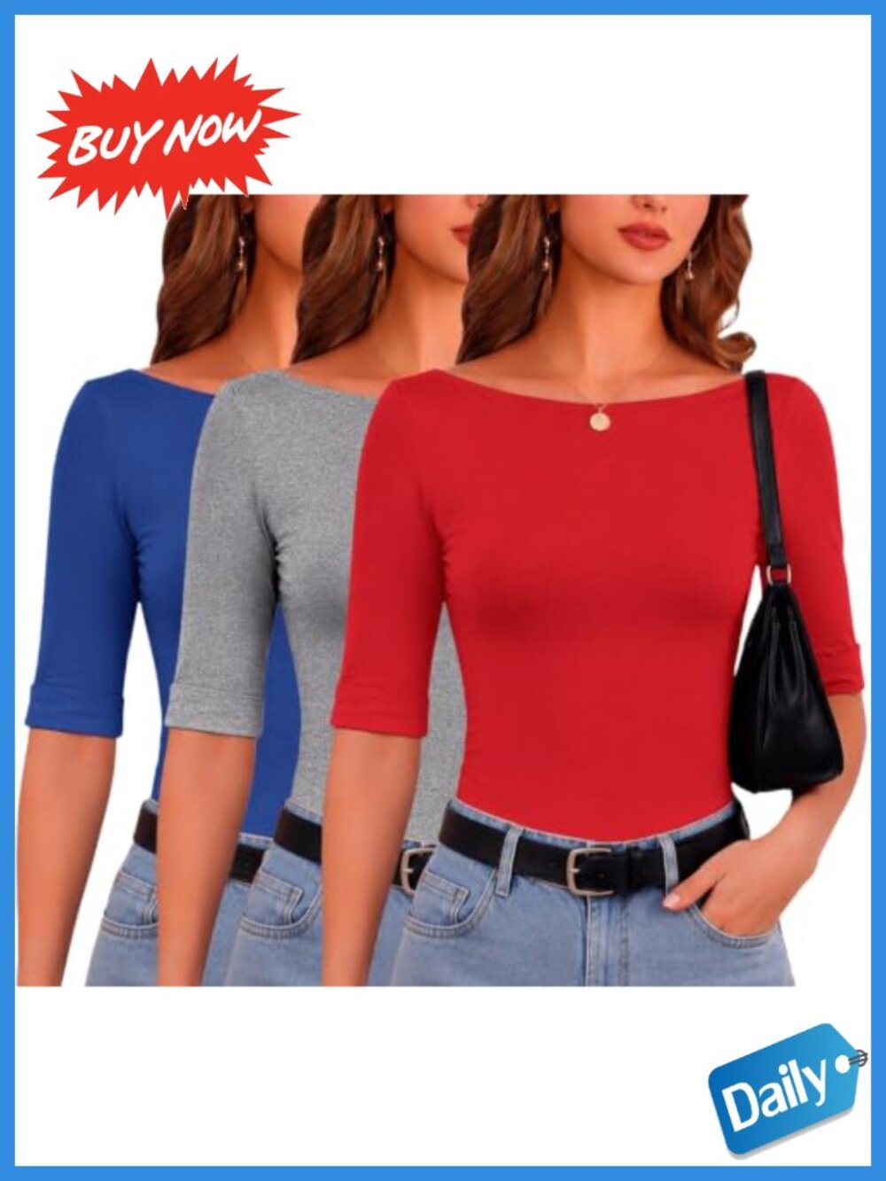 Womens 3 Pack Half Sleeve Boat Neck Blouses Business Casual Tee Tops
